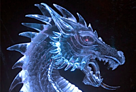 ice scuplture dragon lit with blue light